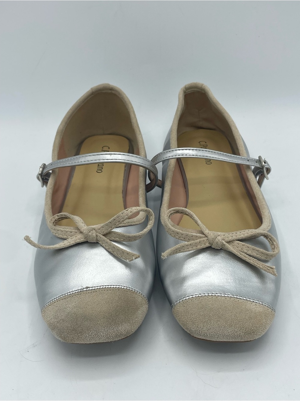 C. Paravano Clara Silver Mary Jane Ballet Flats with Beige Suede Trim and Bow. - Picture 7 of 11